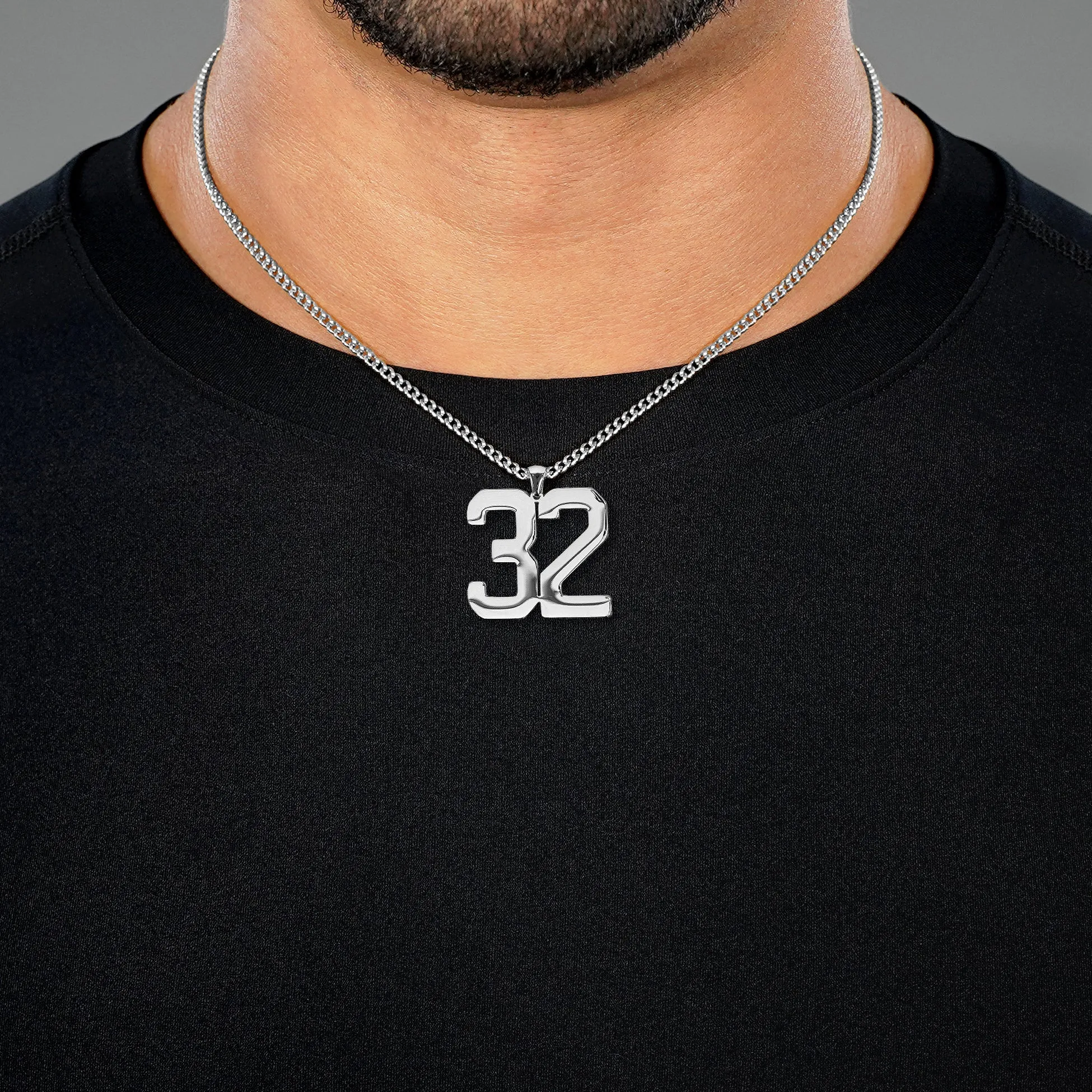 32 Number Pendant with Chain Necklace - Stainless Steel