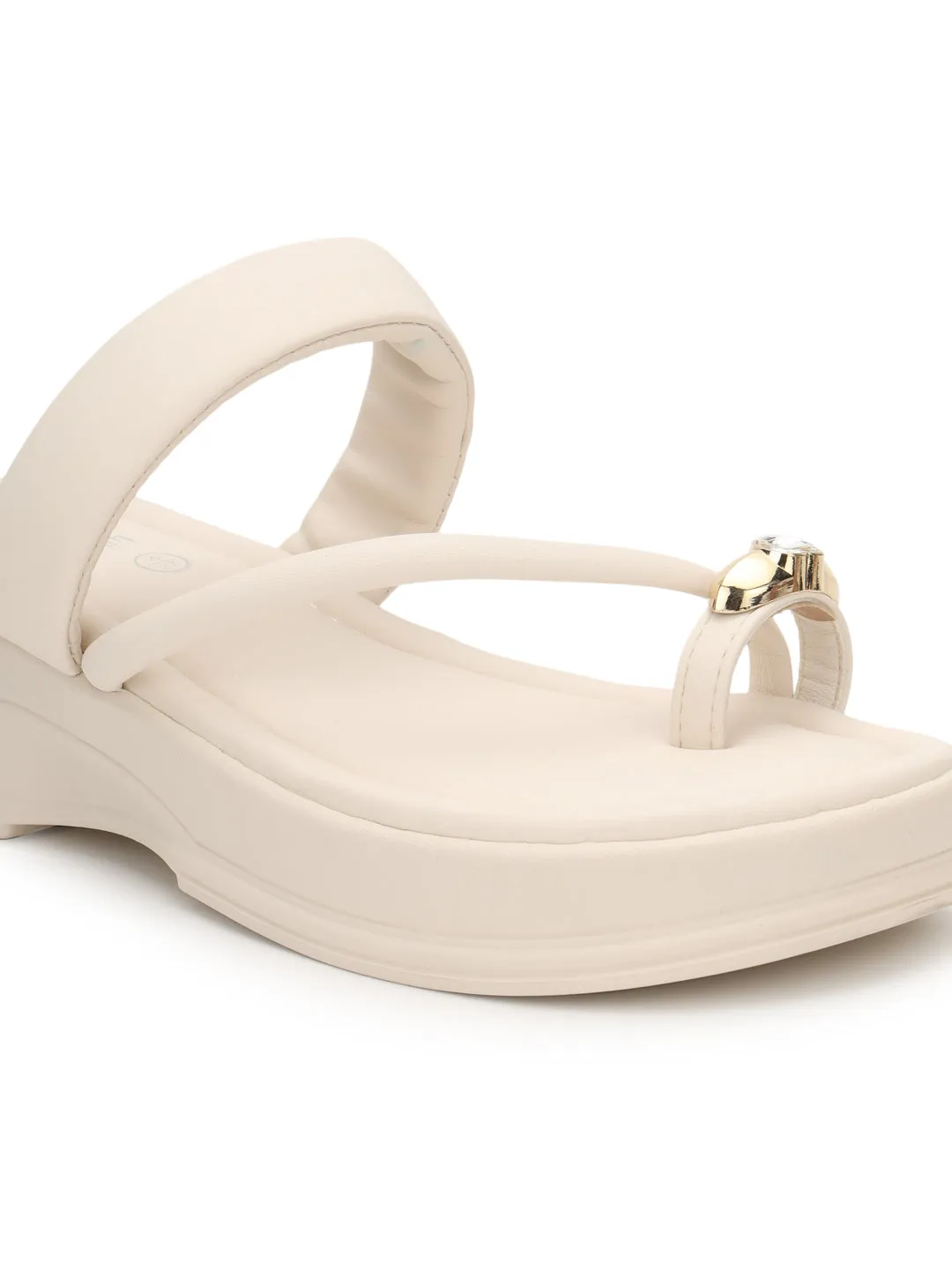 Beige PU Diamond Toe Ring Slip-On Flats (TC-RS3599-BEIG)