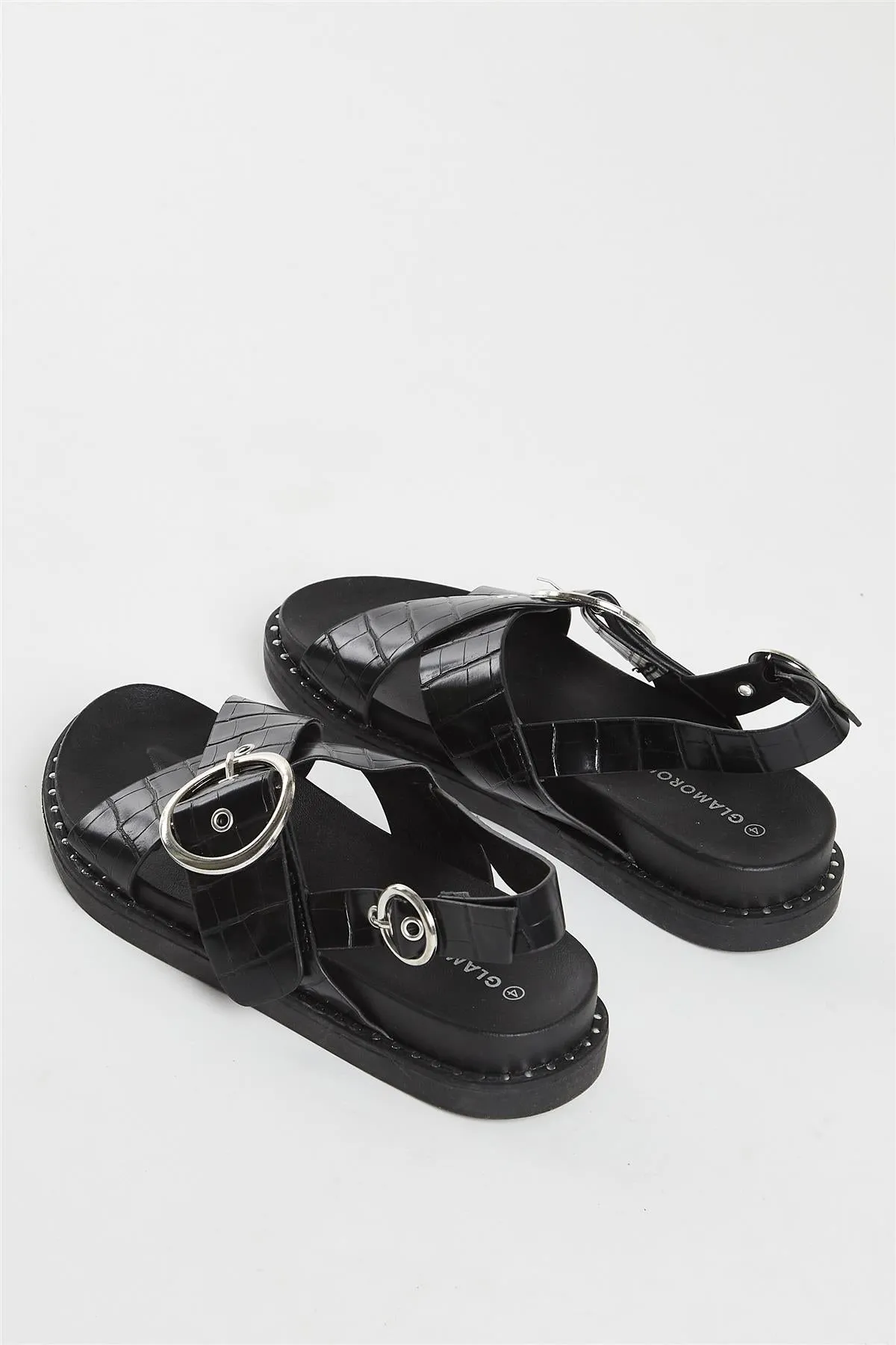 Black Croc Cross Over Sandal