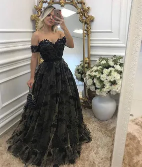 Black lace long prom dress, black lace evening dress