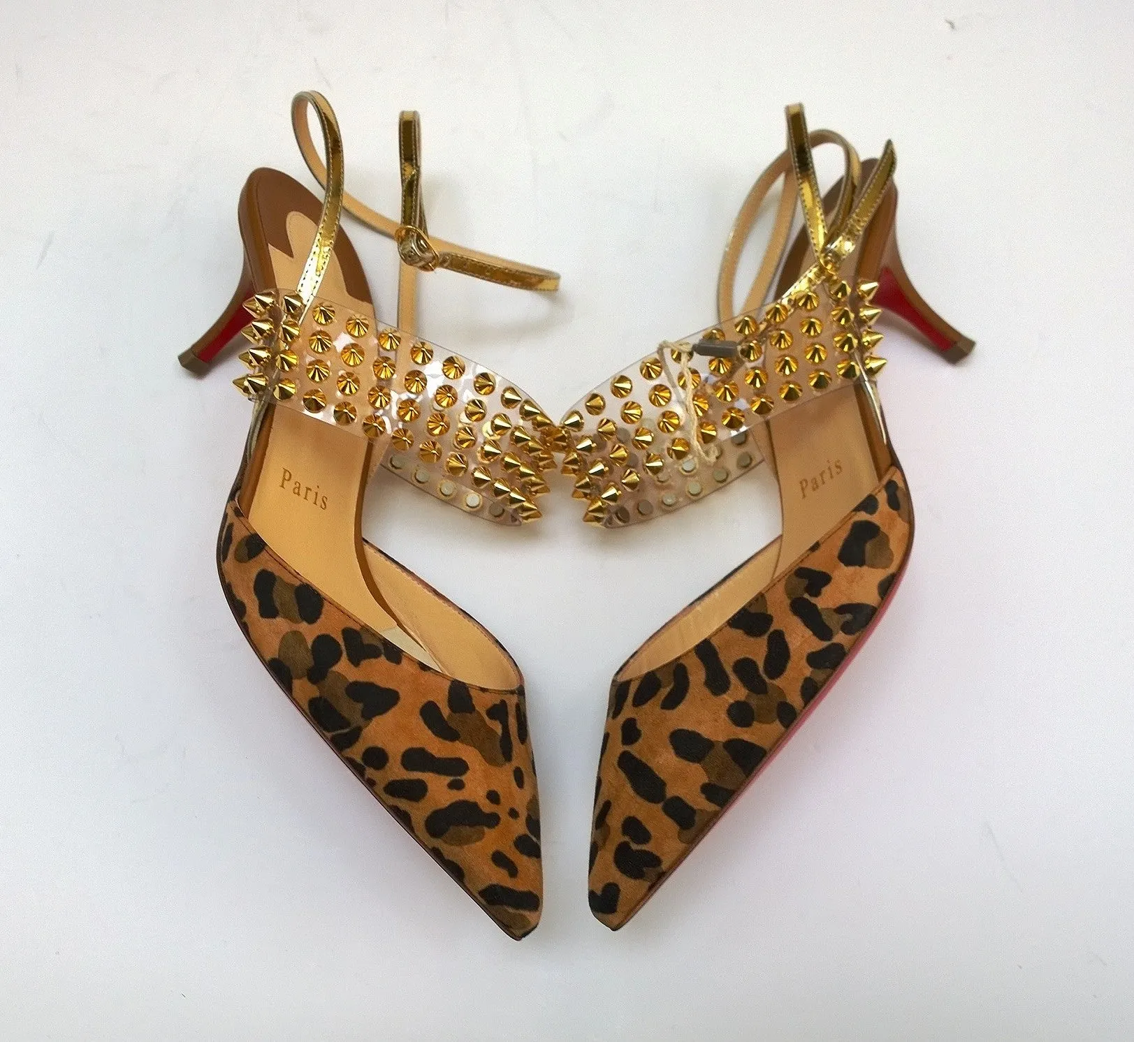 Christian Louboutin Levita 55 Leopard Suede PVC Gold Studs Heels with Gold Strap