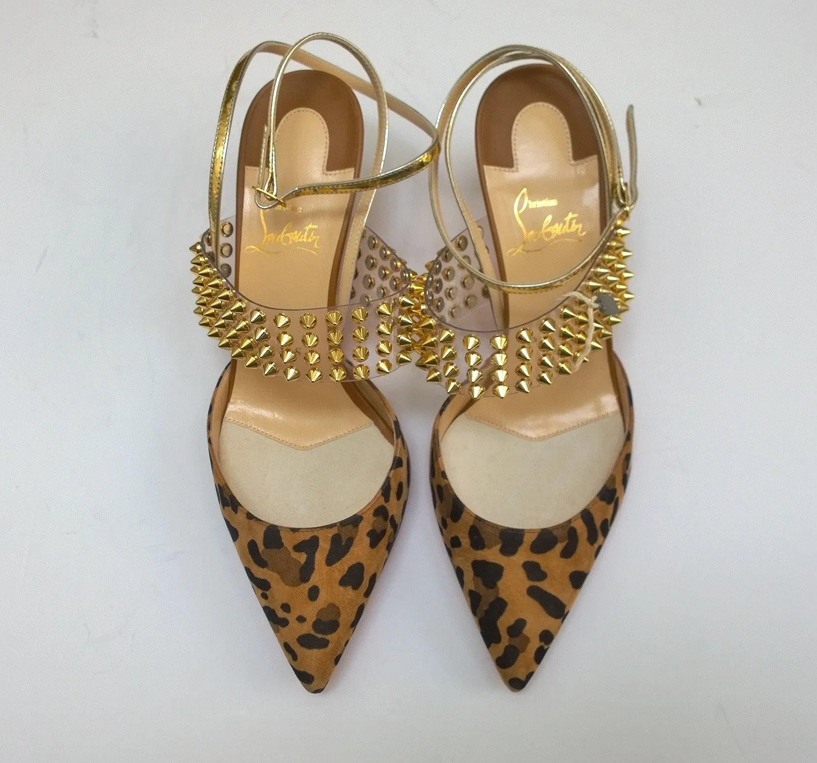 Christian Louboutin Levita 55 Leopard Suede PVC Gold Studs Heels with Gold Strap