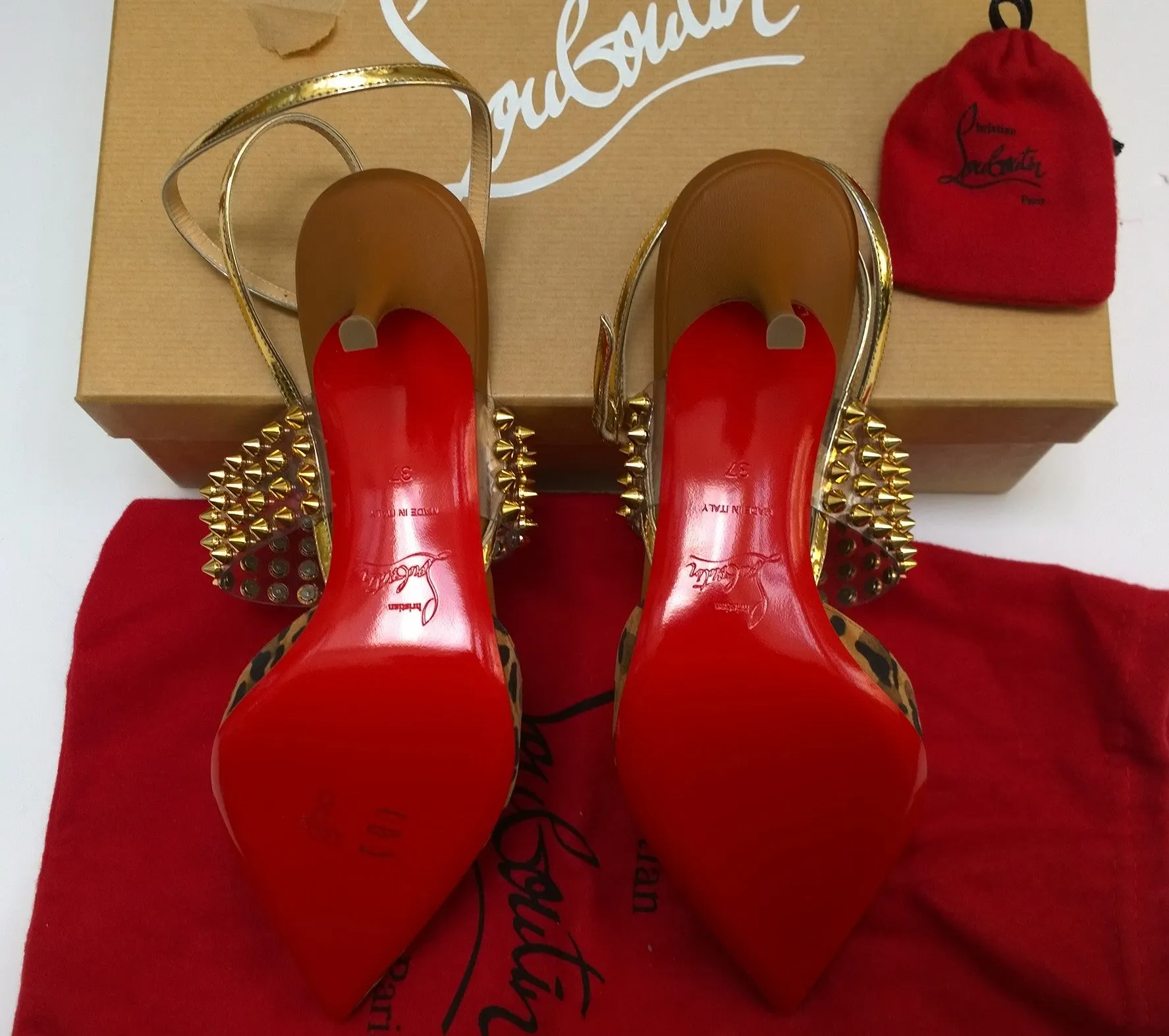 Christian Louboutin Levita 55 Leopard Suede PVC Gold Studs Heels with Gold Strap