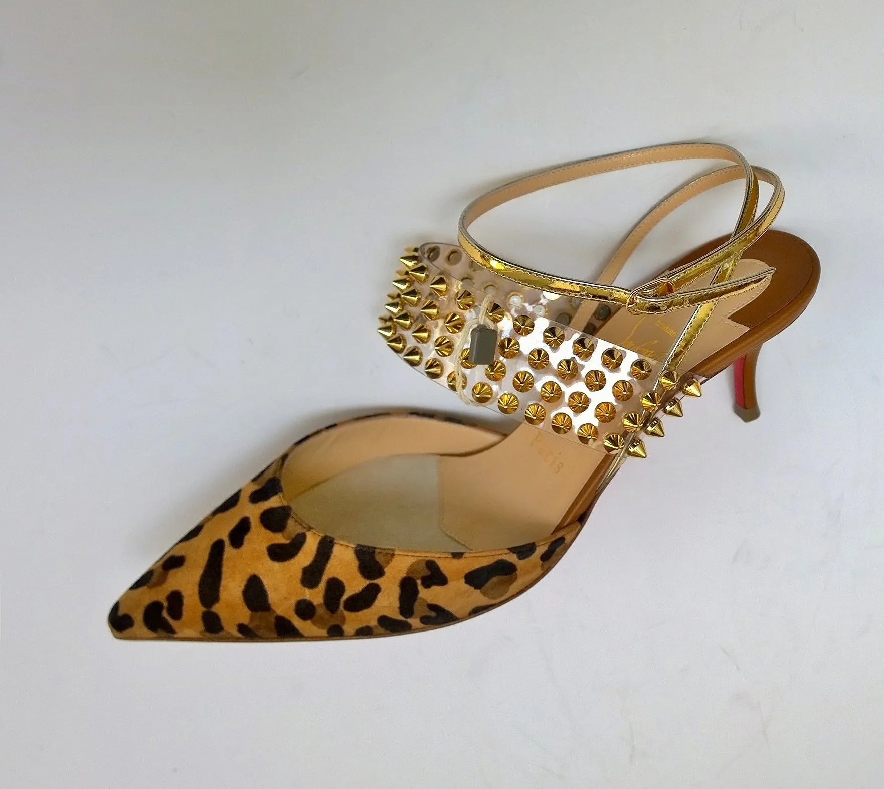 Christian Louboutin Levita 55 Leopard Suede PVC Gold Studs Heels with Gold Strap