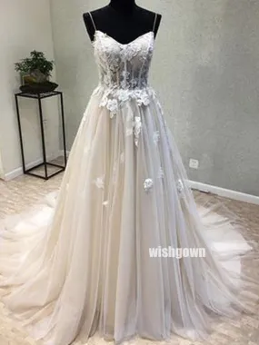 Elegant Applique Spaghetti Straps Tulle Wedding Dress, WDH065