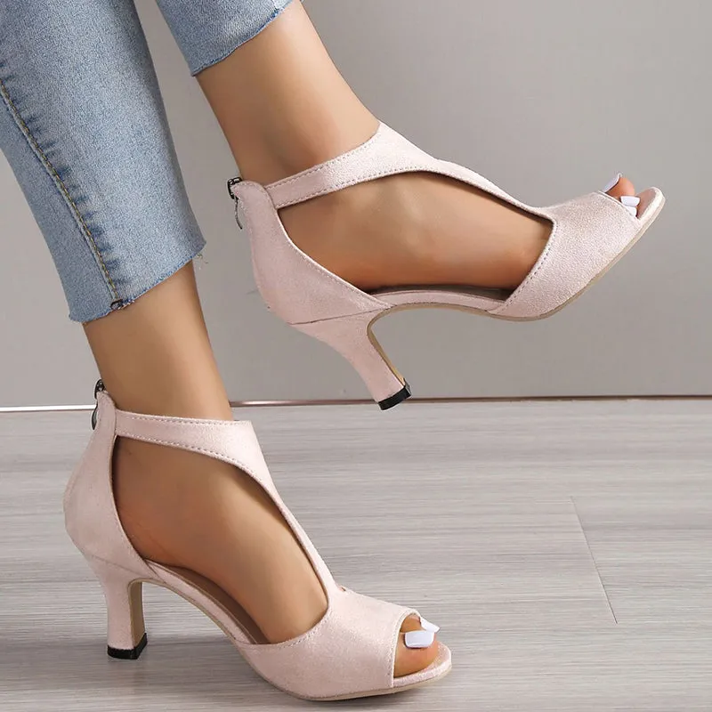 Kitten heel sandals hollow back zipper peep toe sandals