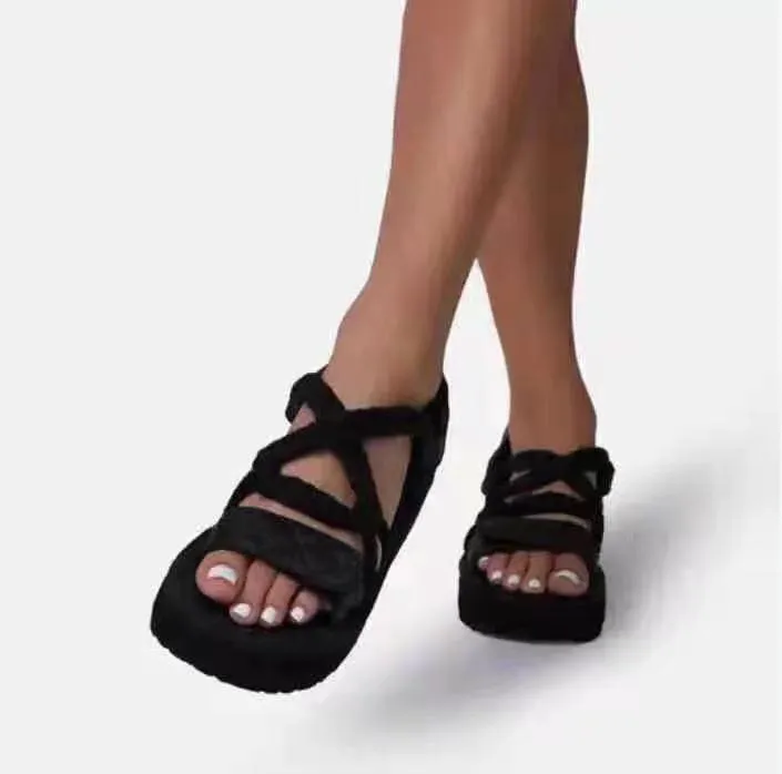 Women summer beach peep toe strappy slip on platform sandals