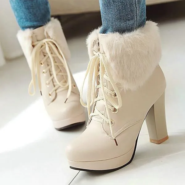 Women's Casual Furry Lace-Up Chunky Heel Short Boots 30607043S