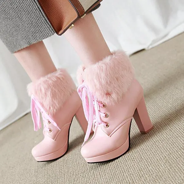 Women's Casual Furry Lace-Up Chunky Heel Short Boots 30607043S