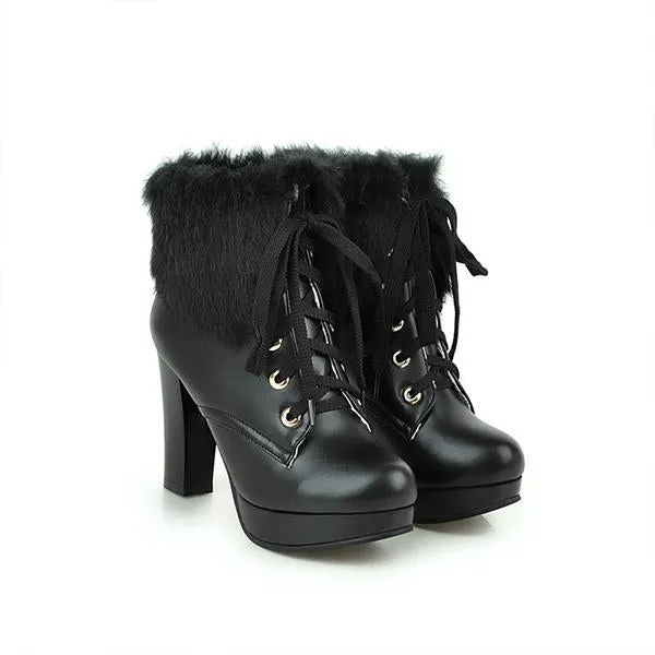 Women's Casual Furry Lace-Up Chunky Heel Short Boots 30607043S