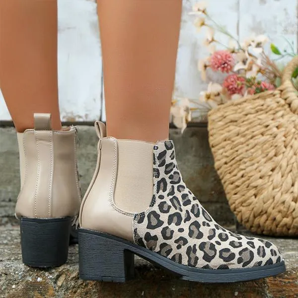 Women's Casual Leopard Print Block Heel Short Boots 72117359S