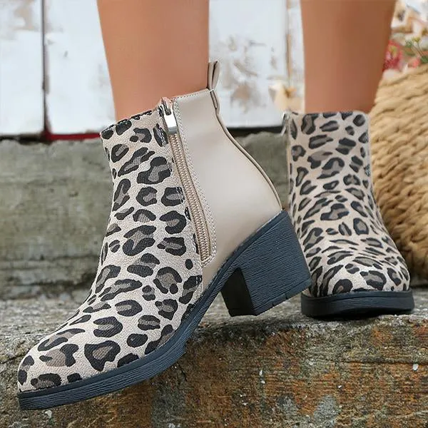 Women's Casual Leopard Print Block Heel Short Boots 72117359S