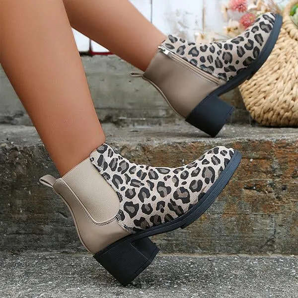 Women's Casual Leopard Print Block Heel Short Boots 72117359S