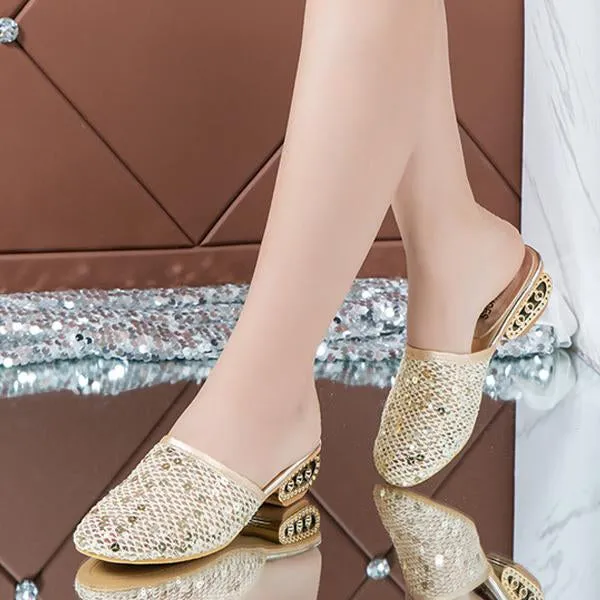 Women's Casual Mesh Lace Sequin Low Heel Slippers 75098919S